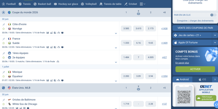 1xBet Cameroun — paris en direct (live)