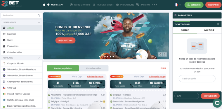 22bet Cameroun — page d'accueil paris sportifs