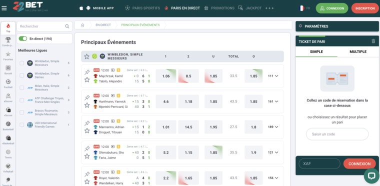 22bet Cameroun — paris en direct (live)
